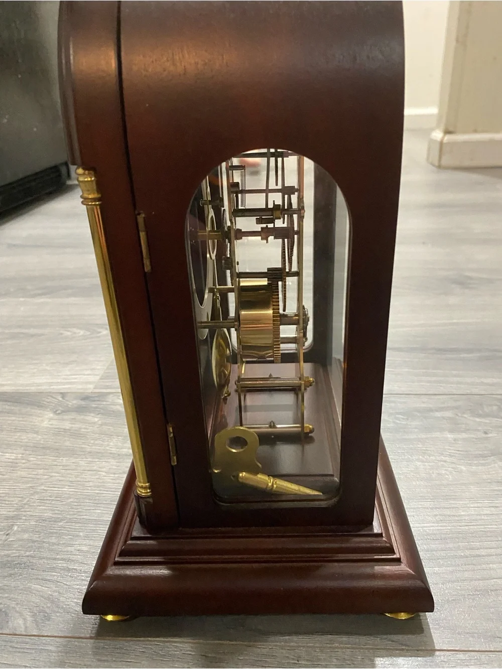 Classic Skeleton Mantel Clock in Brown and Gold